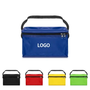 Custom insulated lunch bags in multiple colors with logo, featuring zipper closures and durable handles.