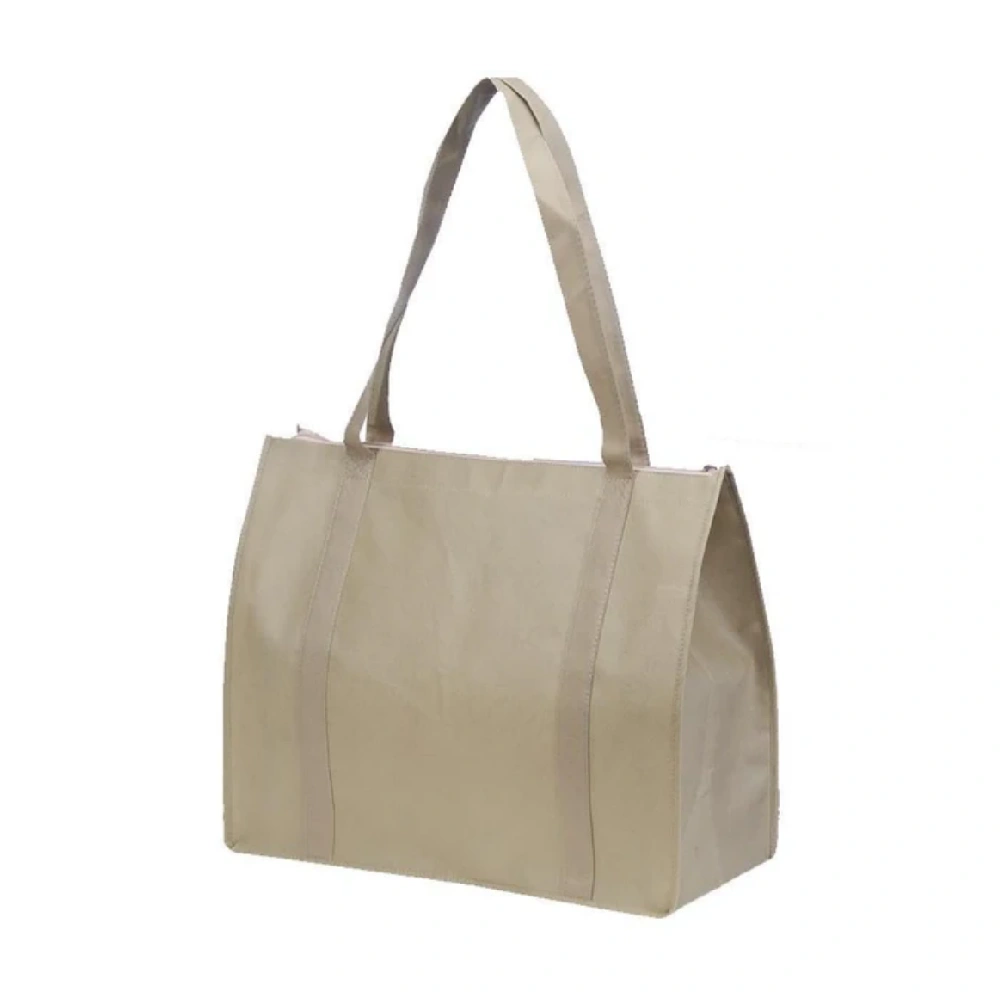 Beige custom retail shopping bag – reusable non-woven tote