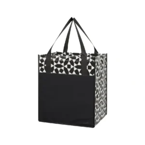 Black reusable shopping bag with custom logo