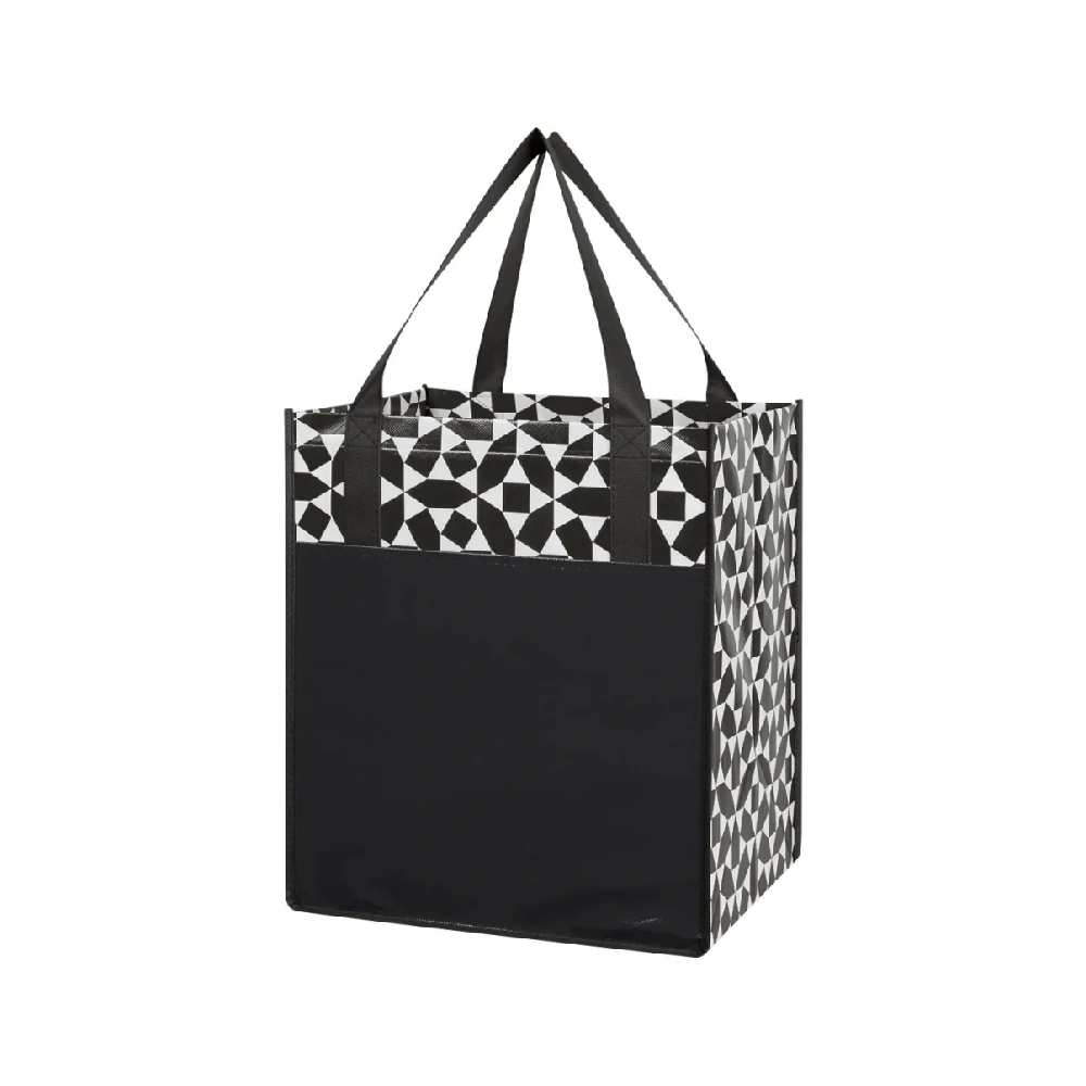Black reusable shopping bag with custom logo