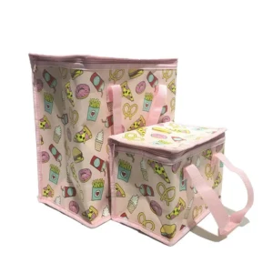 Bulk cooler bags with pink food print design, insulated reusable tote for groceries and lunch.