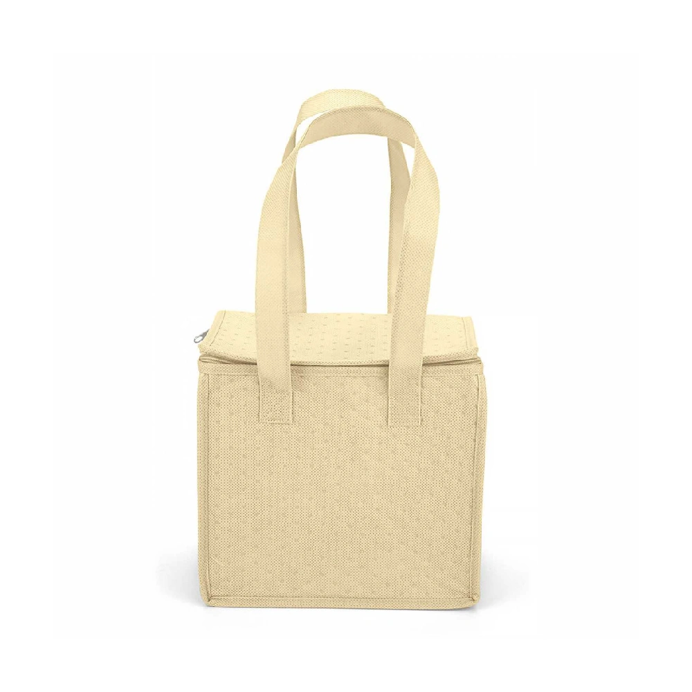 Beige custom lunch bag with insulated lining and zipper closure.