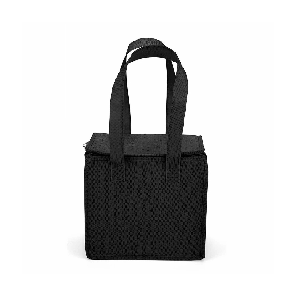 Custom black lunch bag with insulated lining and zipper closure.