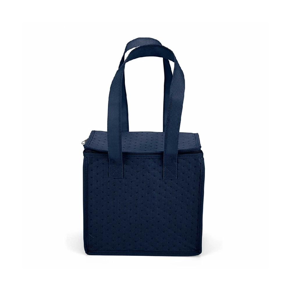 Custom blue lunch bag with zipper and logo space.