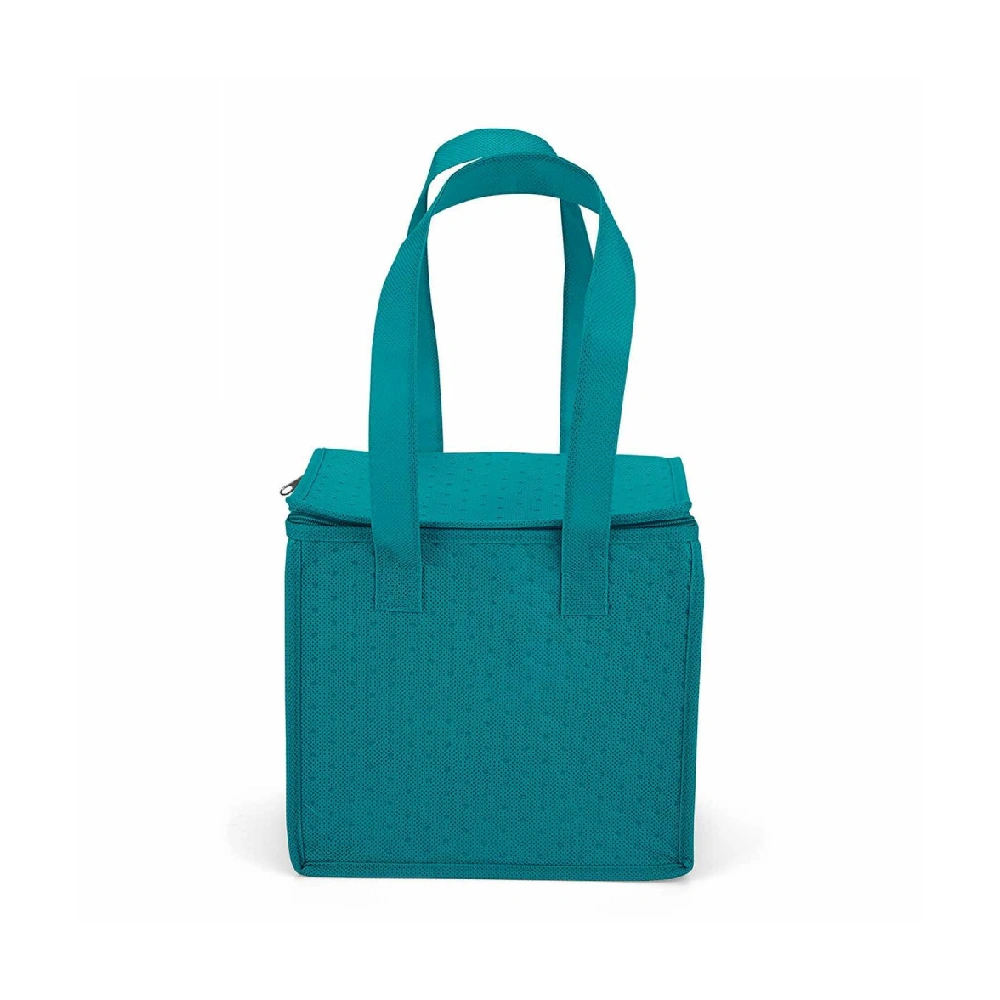Green custom insulated lunch bag with zipper closure for easy meal storage.