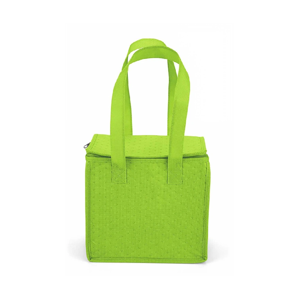 Custom light green lunch bag with insulated lining and zipper closure.