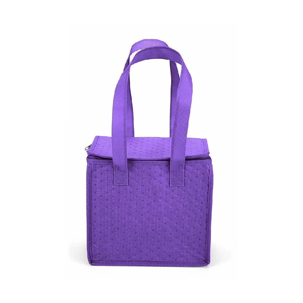 Custom purple lunch bag, insulated with a zipper closure.