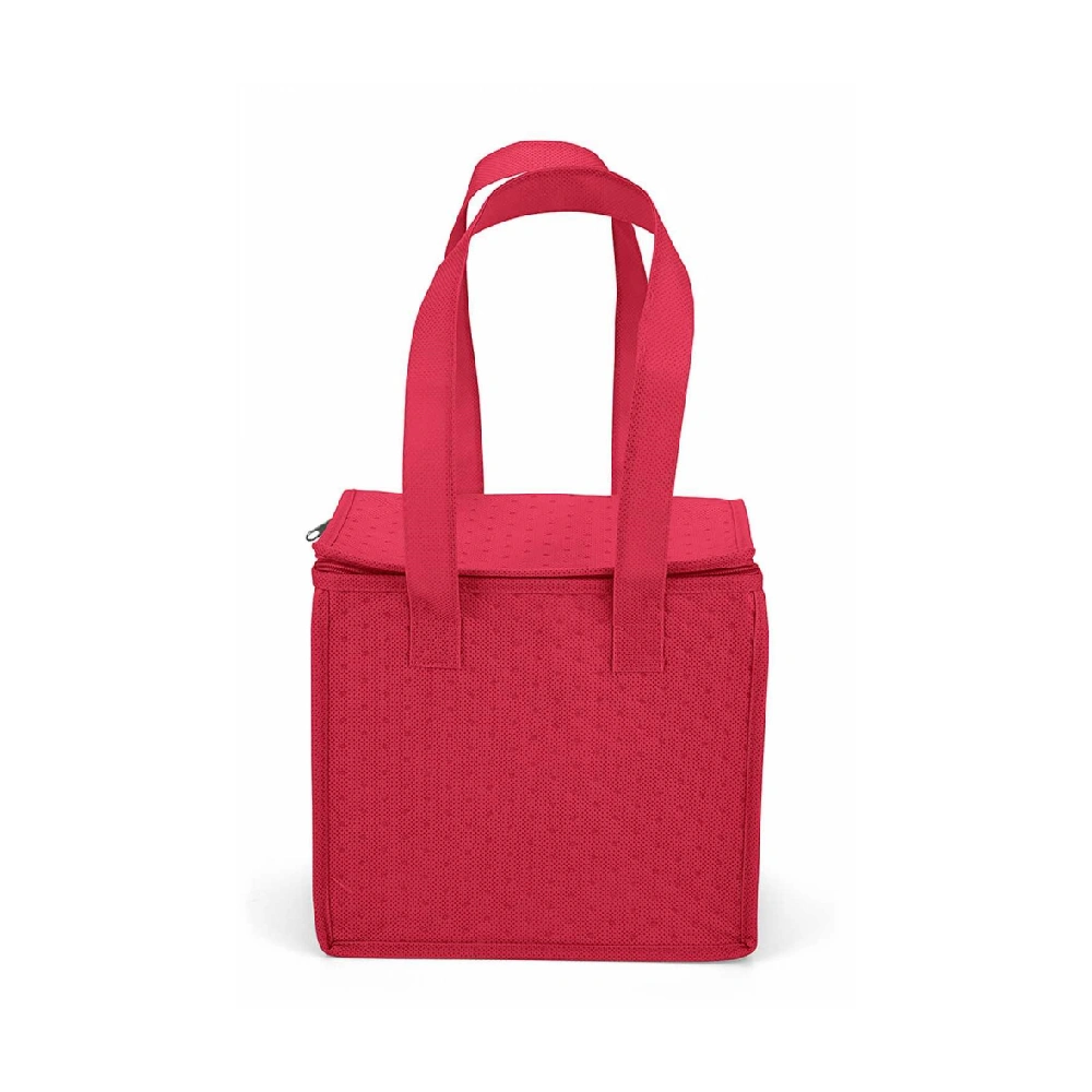 Red custom lunch bag with zipper and insulation.