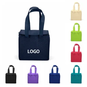 Custom insulated lunch bags in multiple colors, featuring a zipper closure and personalization option.