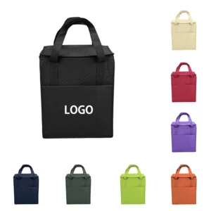Custom printed cooler bags in various colors with logo, made from non-woven fabric, insulation cotton, and aluminum foil. Perfect for promotional use.