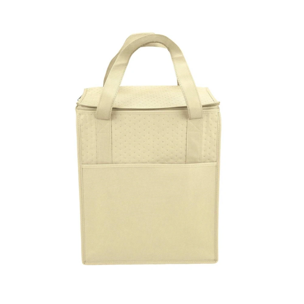 Custom printed beige cooler bag with logo, made from non-woven fabric, insulation cotton, and aluminum foil for superior cooling.