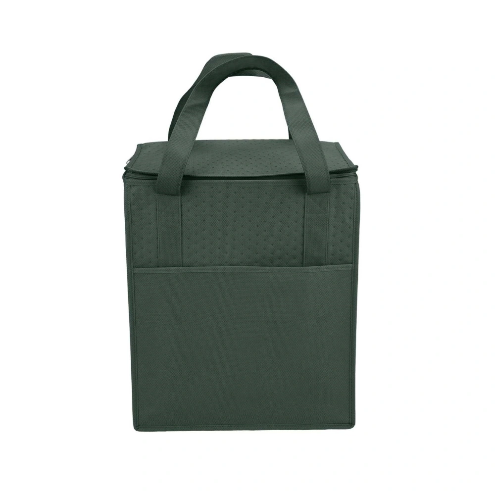 Custom printed green cooler bag with logo, built with non-woven fabric, insulation cotton, and aluminum foil for superior insulation.
