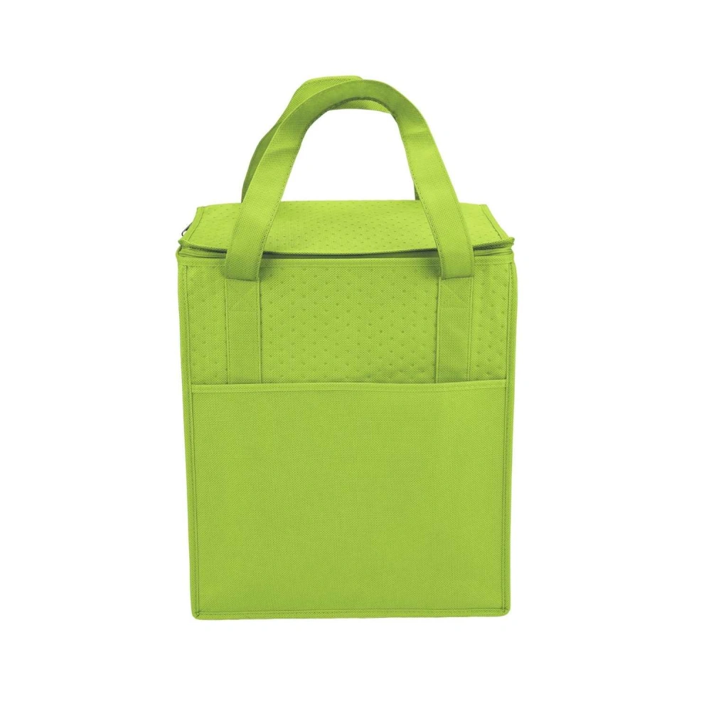 Custom printed lime green cooler bag with logo. Made with non-woven fabric, insulation cotton, and aluminum foil for insulation.