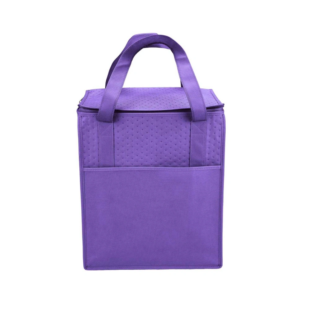 Custom printed purple cooler bag with logo, built with non-woven fabric, insulation cotton, and aluminum foil for superior cooling.
