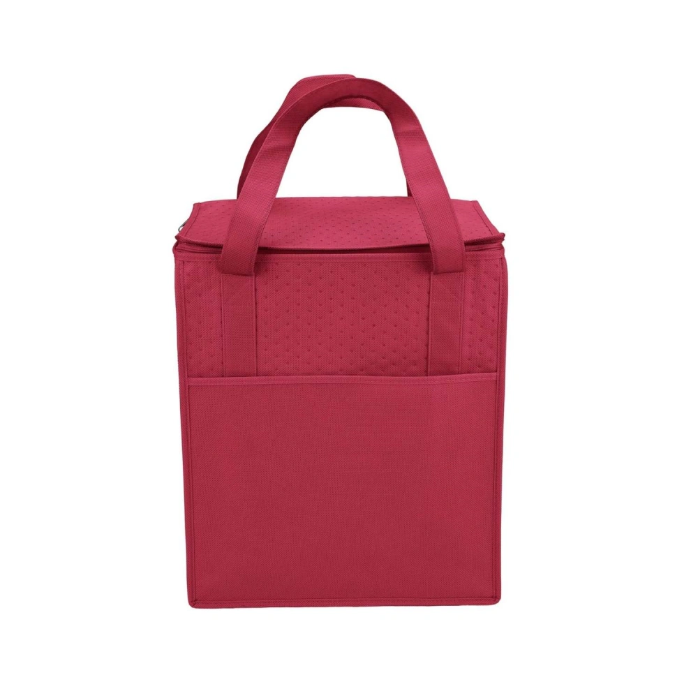 Custom printed red cooler bag with logo, made from non-woven fabric, insulation cotton, and aluminum foil.