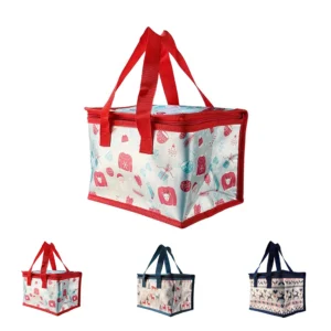 Set of custom promotional lunch bags in red, blue, and forest patterns