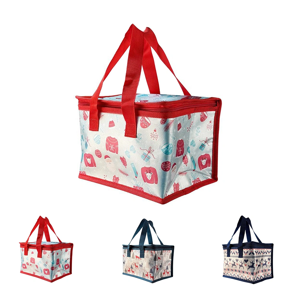 Set of custom promotional lunch bags in red, blue, and forest patterns