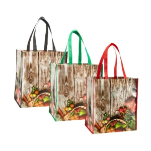 Set of custom reusable shopping bags in black, green, and red handles