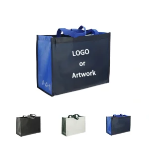 customizable reusable shopping bags in black, white, and blue with logo printing options