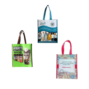 Custom reusable shopping bags in assorted colors and designs