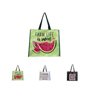 Custom reusable shopping totes in assorted colors and designs for eco-friendly shopping