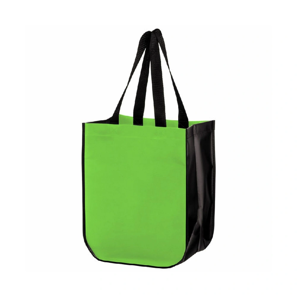 Green retail shopping bag made from RPET non-woven fabric with black handles