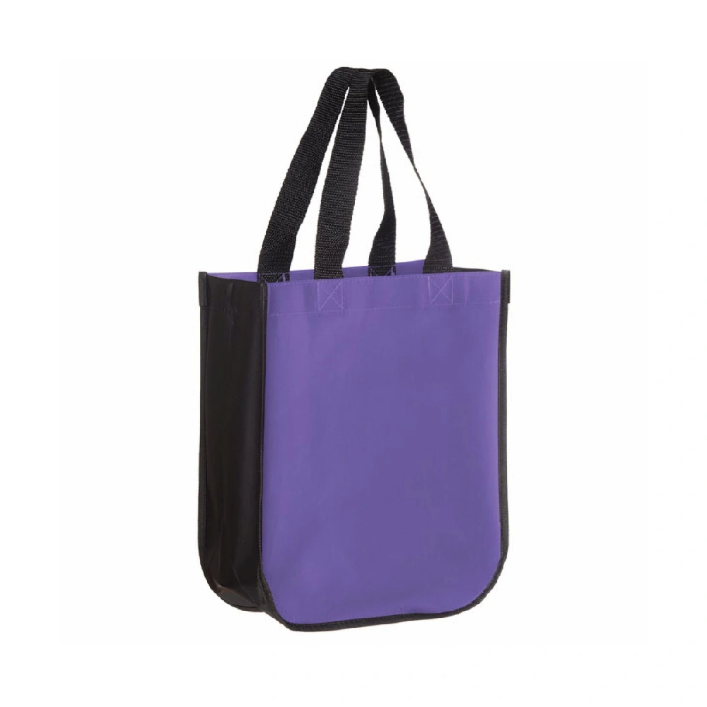 Purple reusable retail shopping bag with black side panel