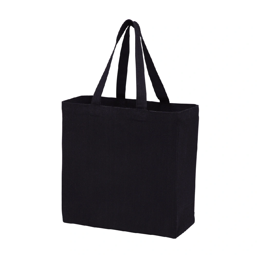 Black canvas bag with logo, durable cotton tote for branding and everyday use